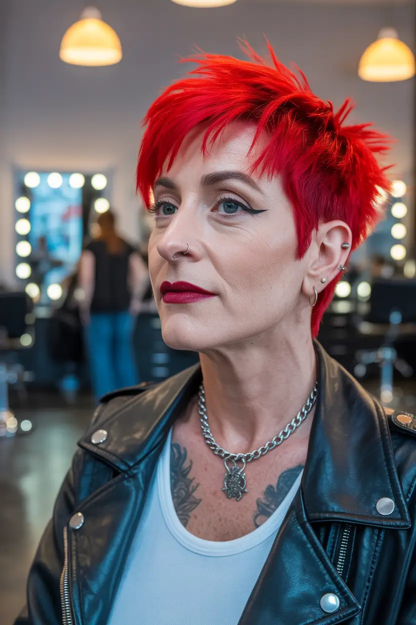spring Haircuts for Women Over 50 Electric Red Short Spiky Pixie With Rock-Chic Attitude