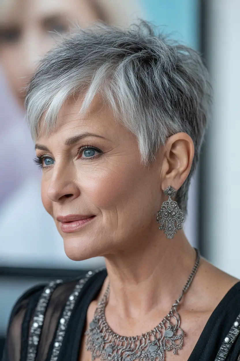 spring Haircuts for Women Over 50 Silver Short Pixie With Side-Swept Bangs