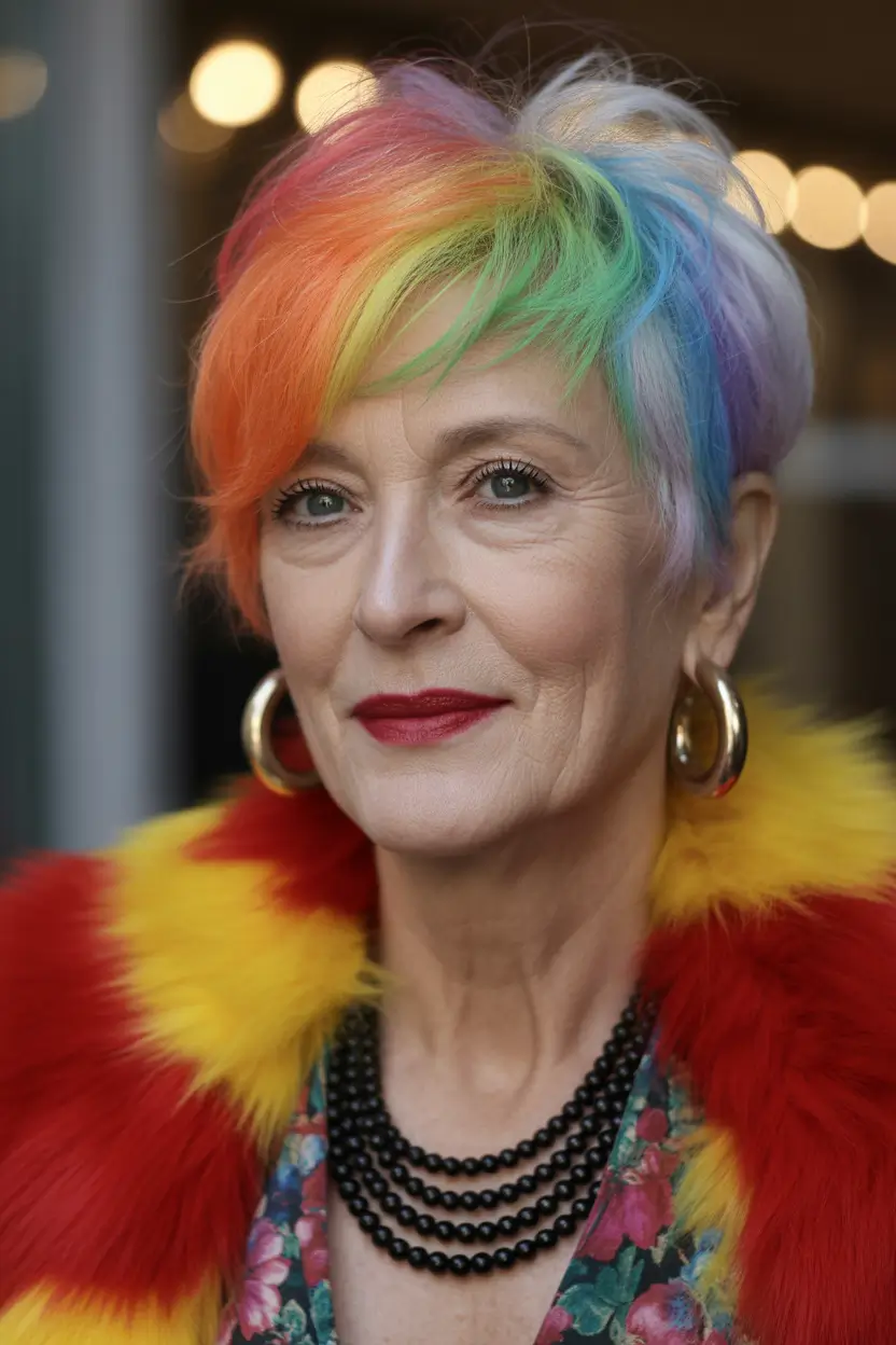 spring Haircuts for Women Over 50 Rainbow Short Bob Pixie With Playful Color Blocking