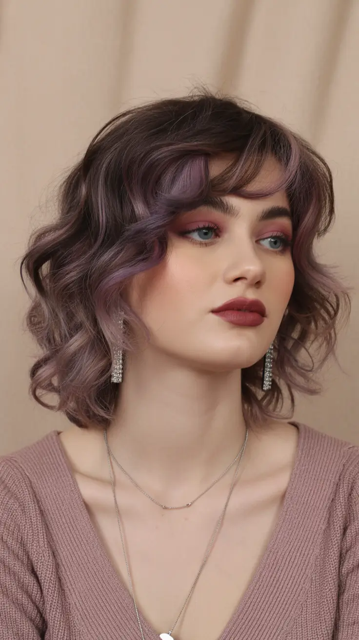 spring mid length haircut Short Wavy Bob With Plum Tint And Wispy Fringe