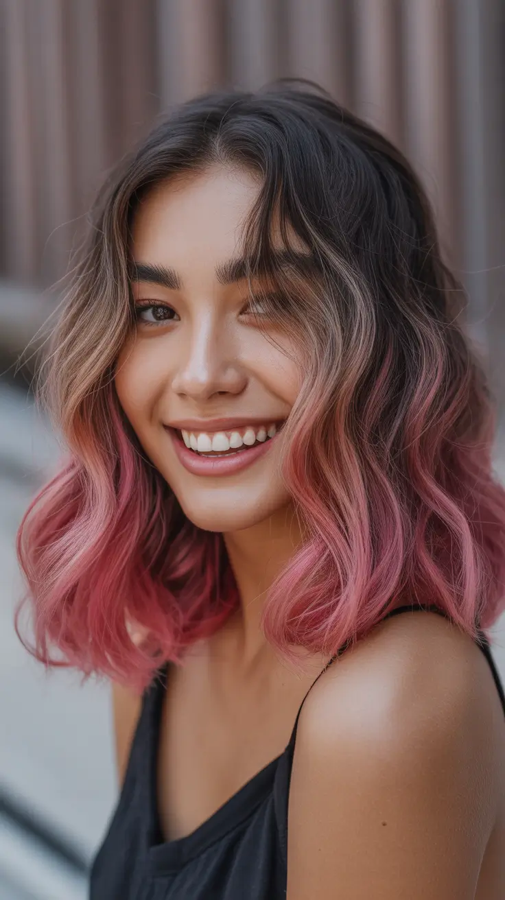 spring mid length haircut Rosy Ombre Waves With Effortless Texture