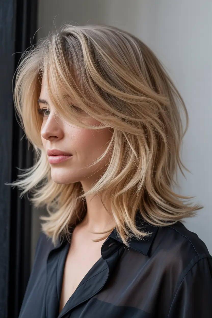 spring mid length haircut Layered Honey Blonde With Side-Swept Volume