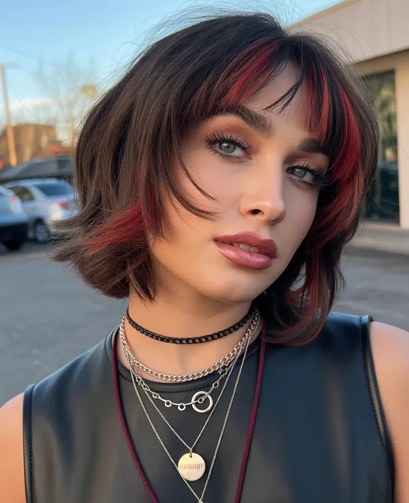 spring mid length haircut Choppy Shag With Red Accent Pieces