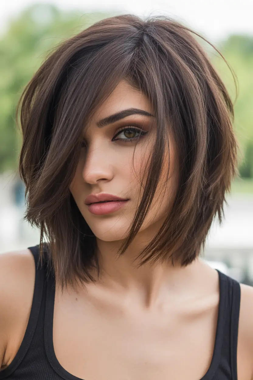 spring mid length haircut Textured Chocolate Shag With Side Sweep