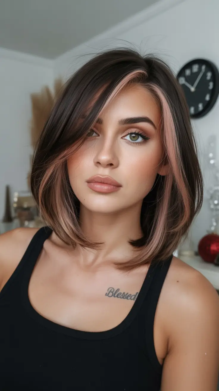 spring mid length haircut Rose-Kissed Brunette With Soft Face Framing