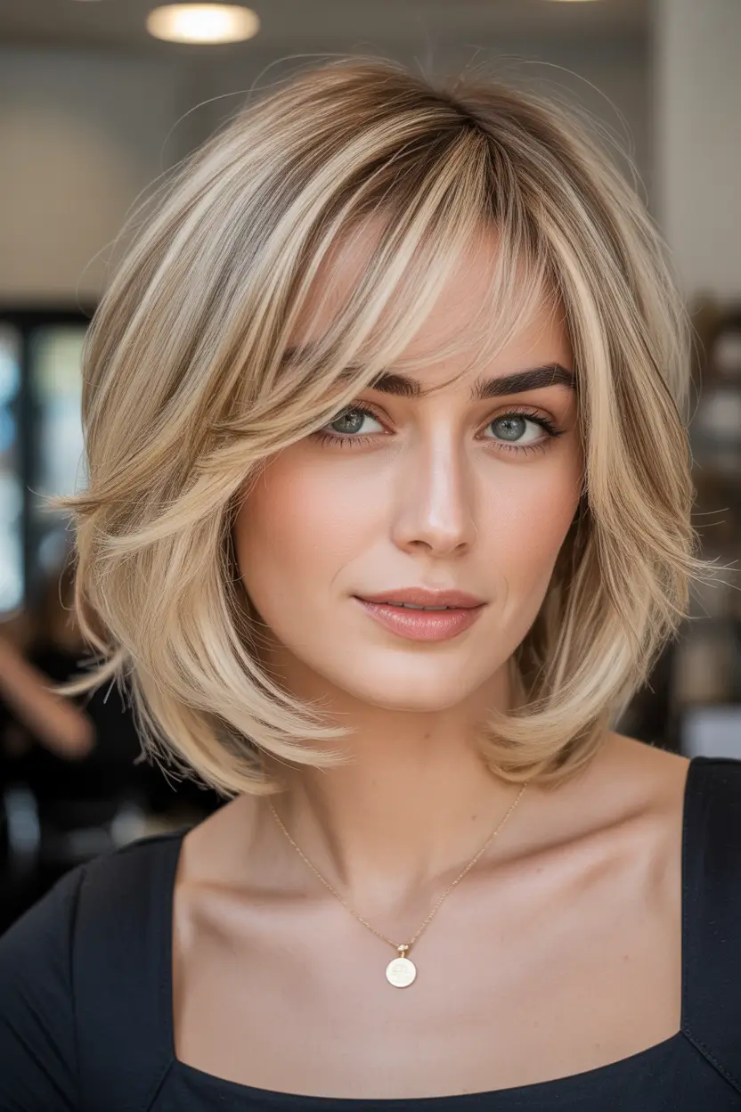 spring mid length haircut Butter Blonde Mid Length With Face Framing Curtain Bangs