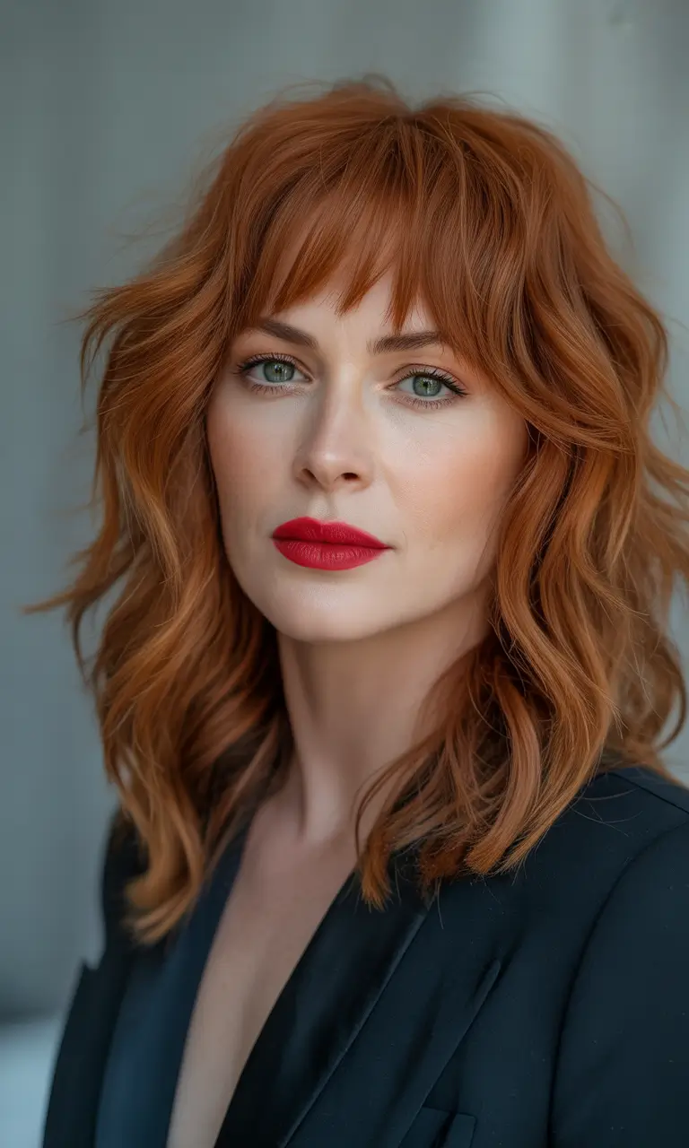 spring Haircuts for Women Over 40 Soft Copper Shag With Airy Fringe