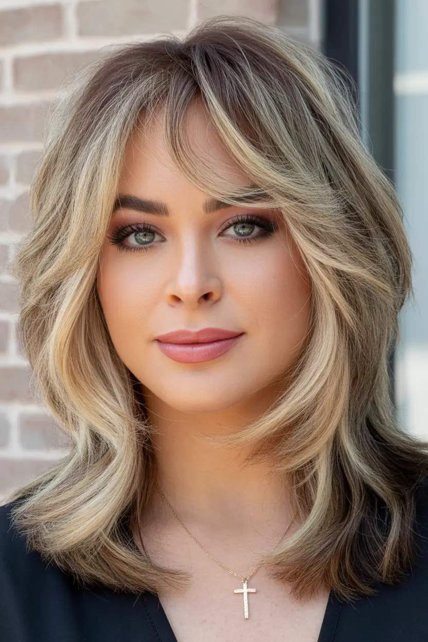 spring Haircuts for Women Over 40 Soft Blonde Medium Layers With Curtain Bangs