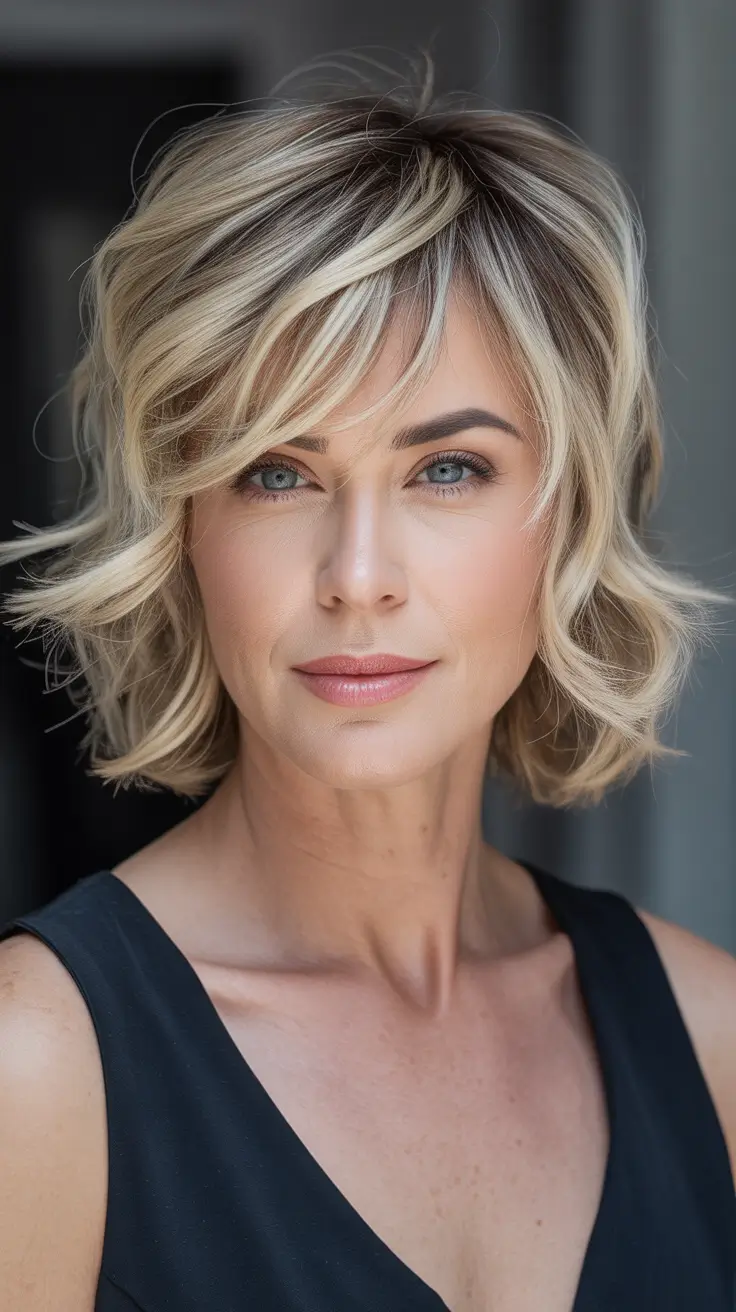 spring Haircuts for Women Over 40 Textured Blonde Bob With Airy Side Sweep