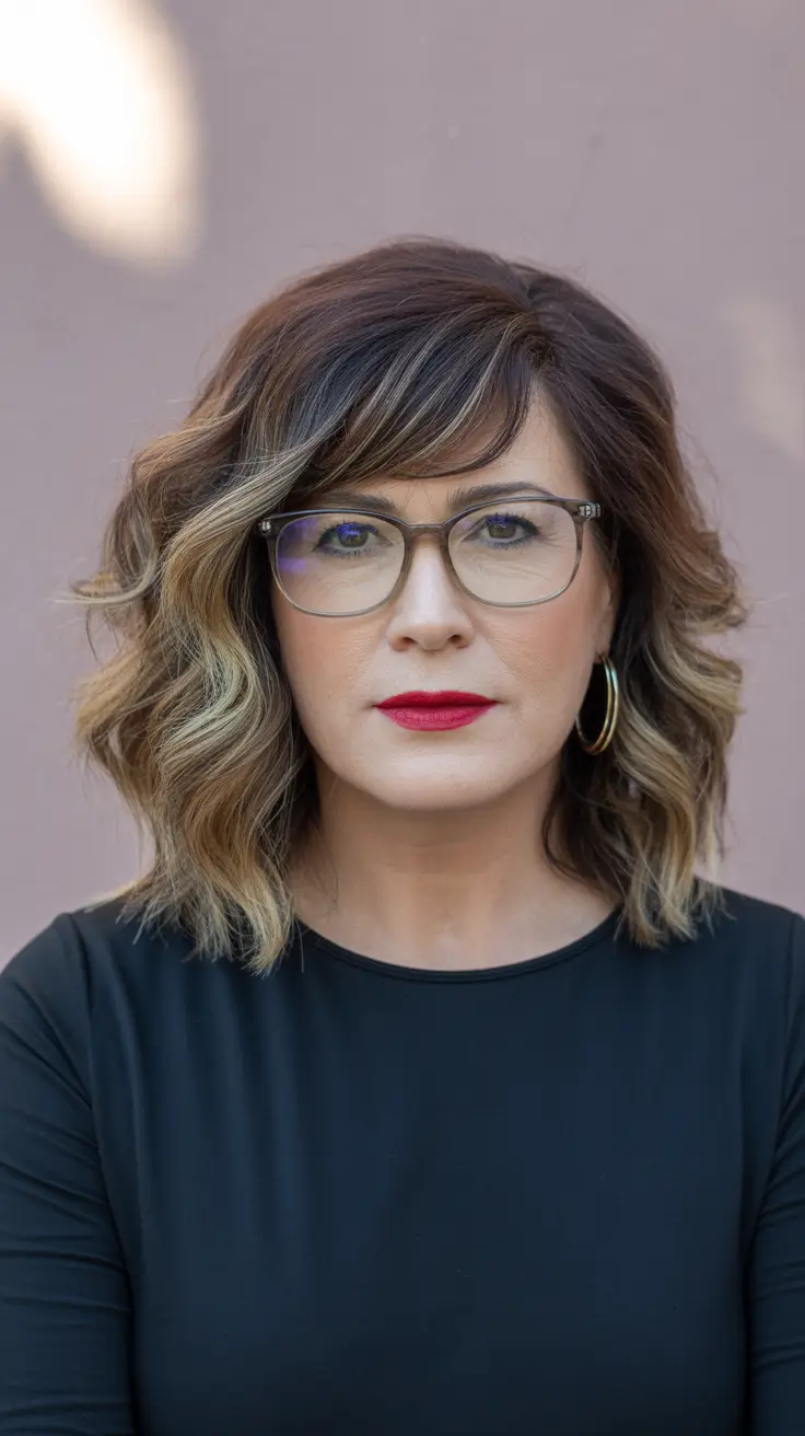 spring Haircuts for Women Over 40 Wavy Medium Lob With Glasses-Friendly Volume