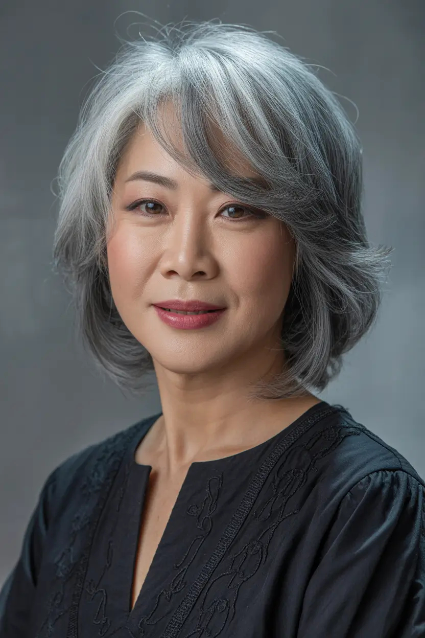 spring Haircuts for Women Over 40 Soft Gray Medium Cut With Side-Swept Layers