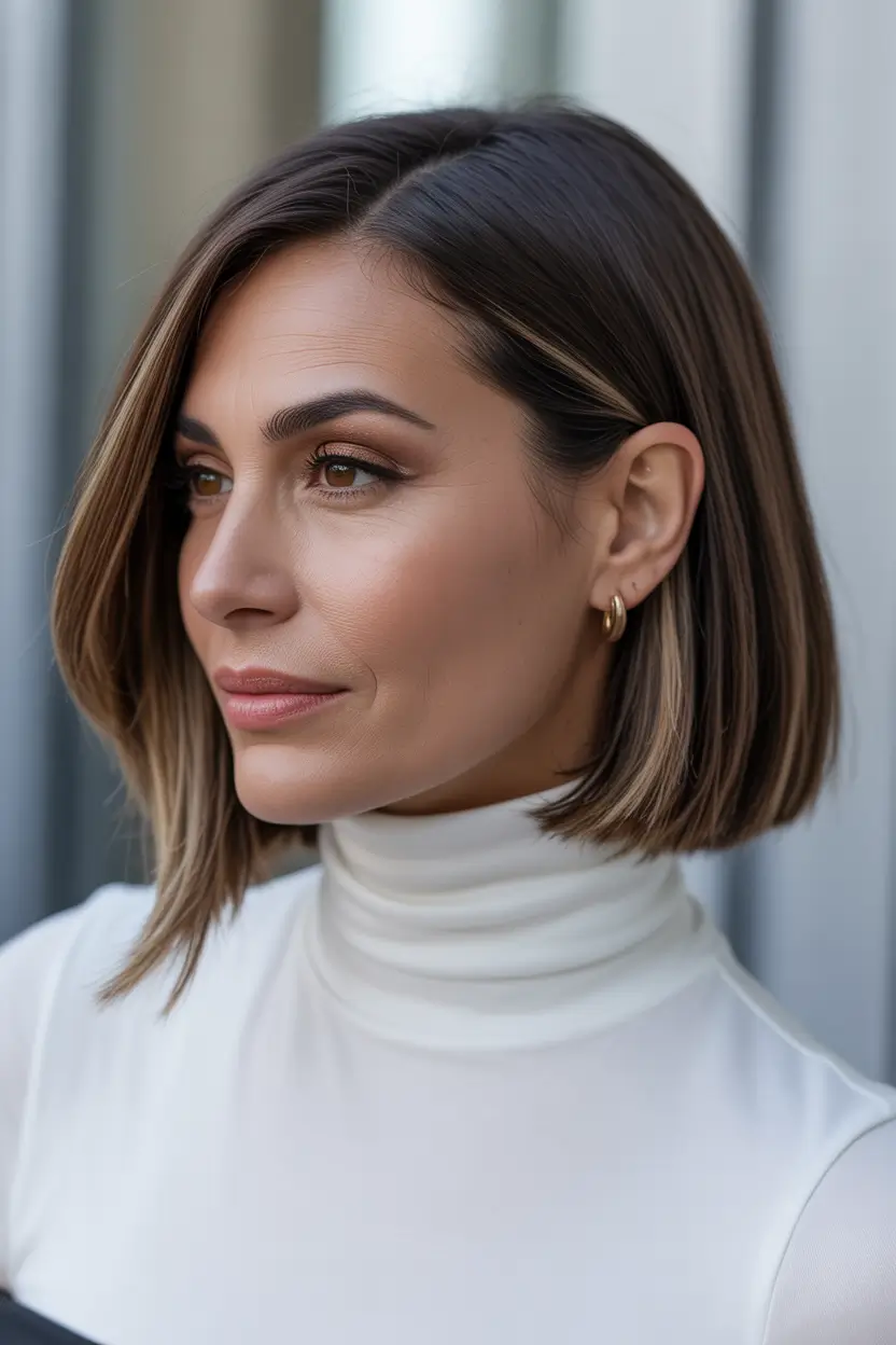 spring Haircuts for Women Over 40 Sleek Mid-Length Bob With Side Part