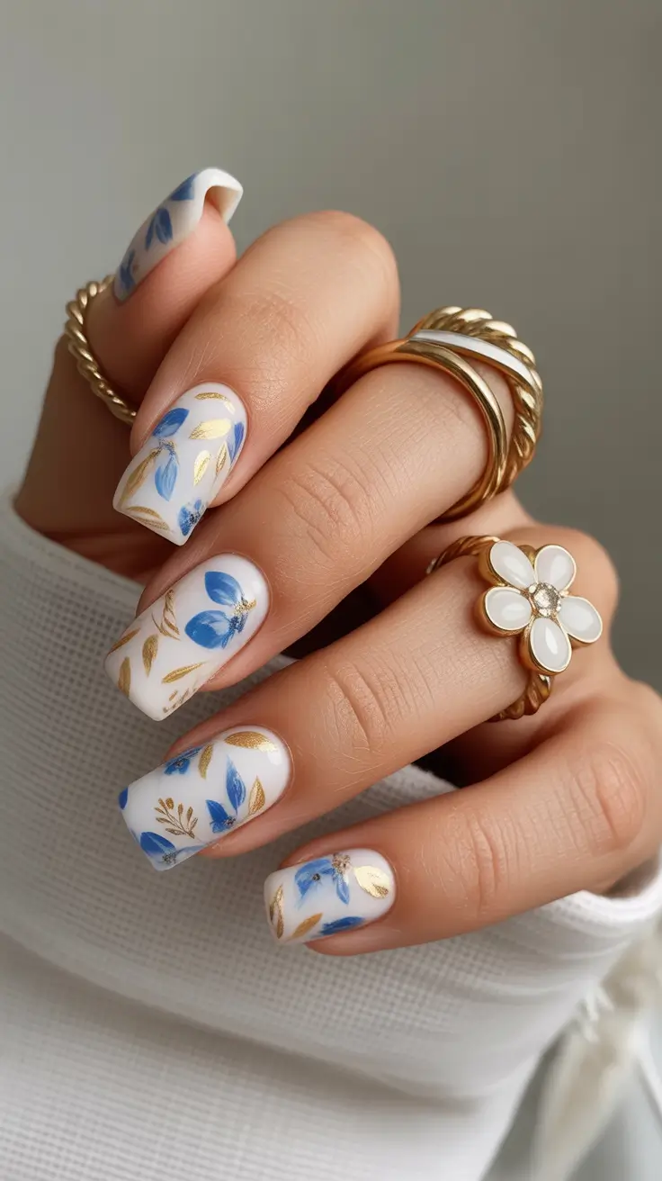 spring vacation nails Blue Floral Minimal Nails With Fresh Coastal Energy
