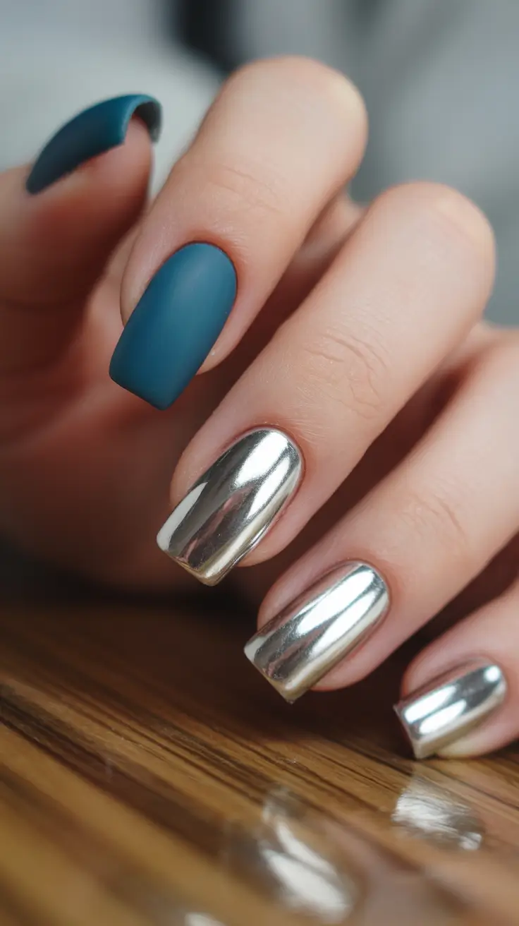 spring vacation nails Teal Matte and Chrome Contrast Nails for Modern Vacation Style