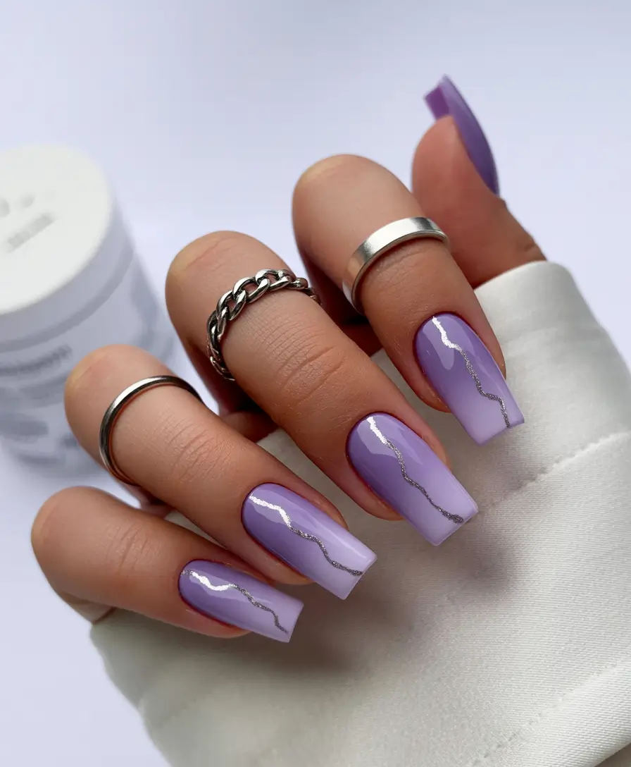 spring vacation nails Glossy Lilac Minimal Nails With Liquid Silver Accents