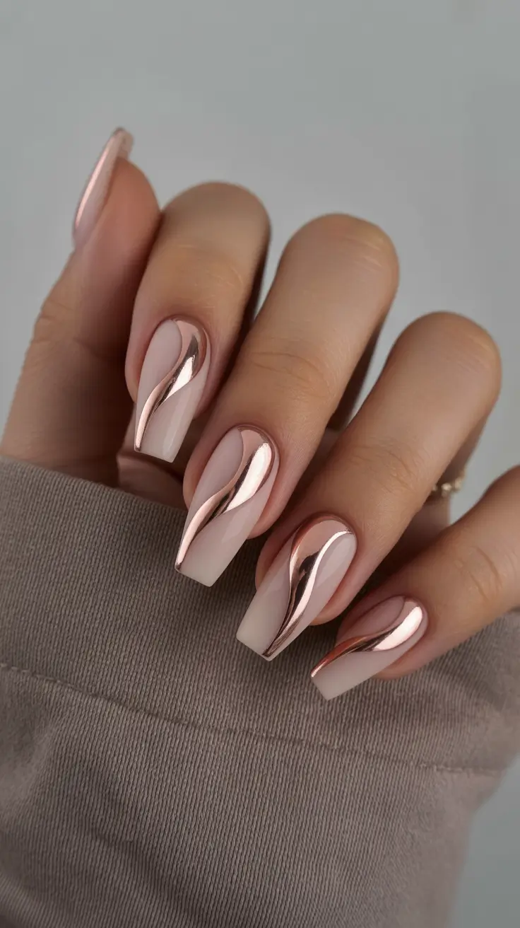 spring vacation nails Soft Nude Chrome Waves for Modern Minimal Glam