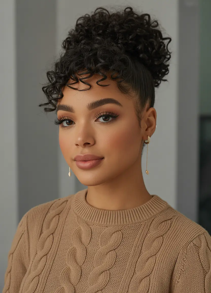 spring hairstyle black women Curly High Puff With Wispy Bangs - Cozy Spring Energy With a Flirty Twist