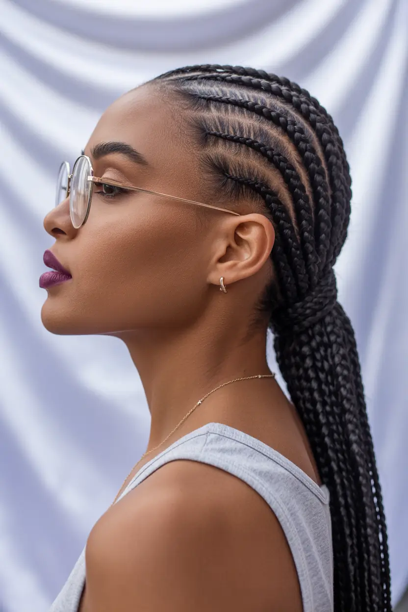 spring hairstyle black women Sleek Cornrow Ponytail With Glasses - The Smart-Girl Spring Look