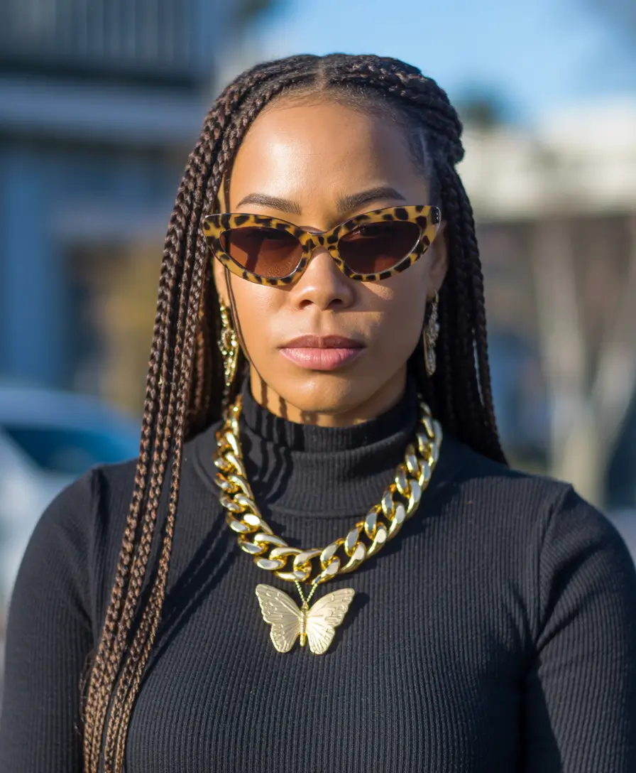 spring hairstyle black women Long Box Braids With Statement Accessories - The Spring Street-Style Power Move