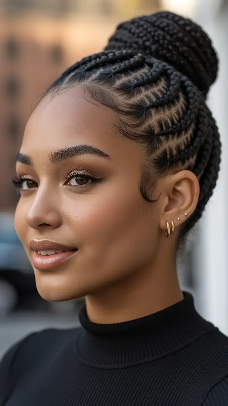 spring hairstyle black women High Braided Bun With Sculpted Parting - The Clean Girl Spring Protective Style