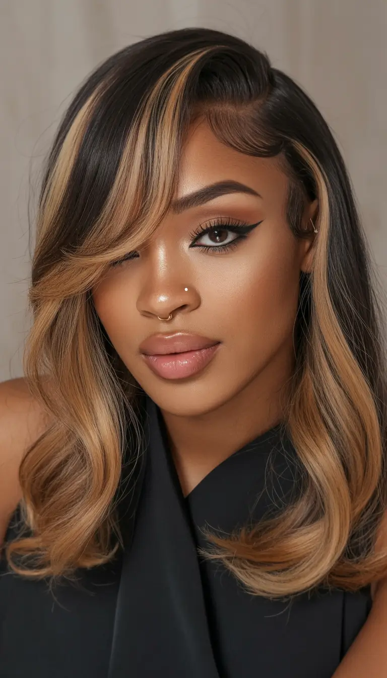 spring hairstyle black women Honey Blonde Side-Swept Blowout - The Soft Glam Spring Reset