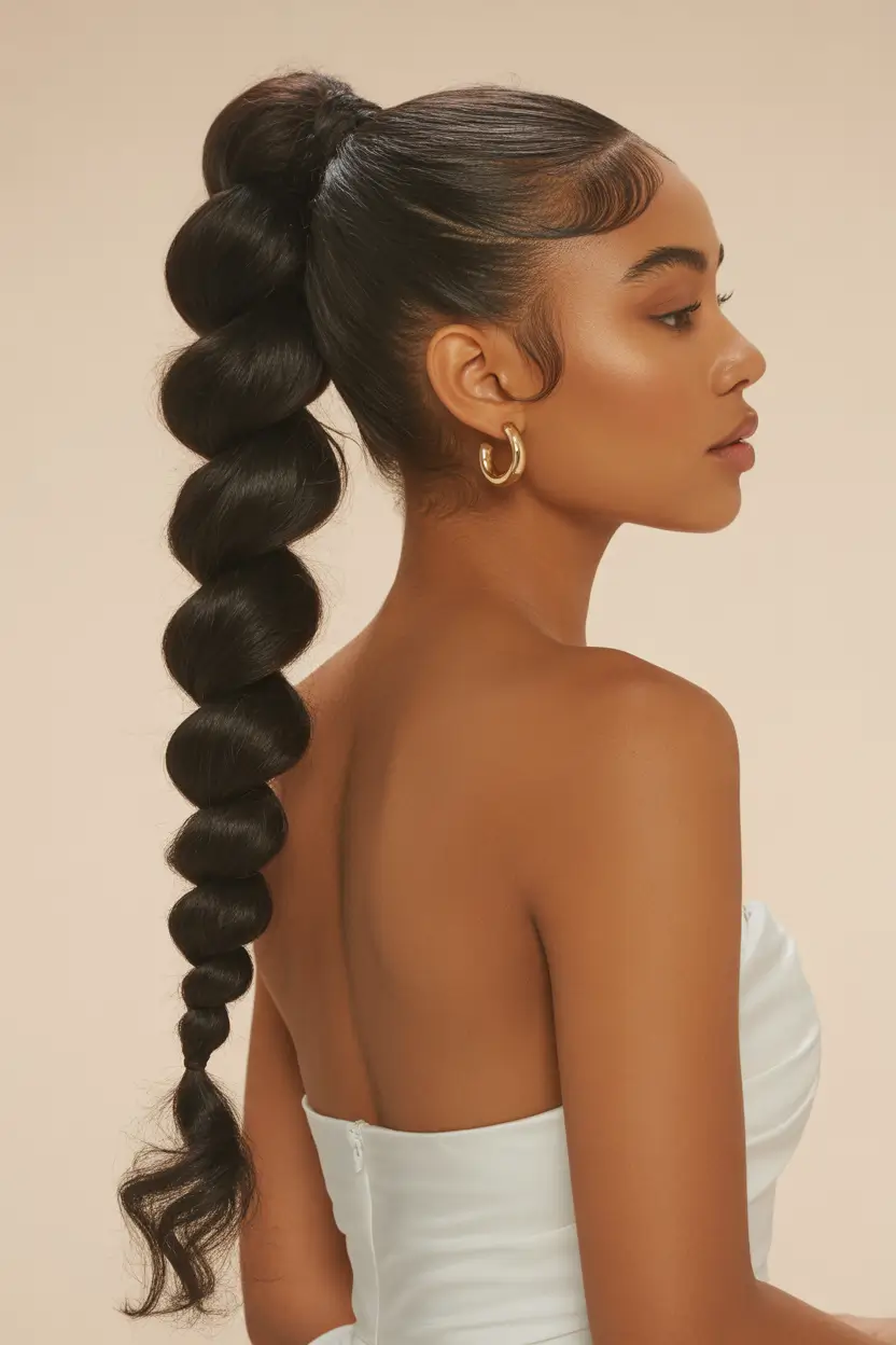 spring hairstyle black women The Bubble Ponytail With Glossy Edges - Soft Drama for Spring Nights