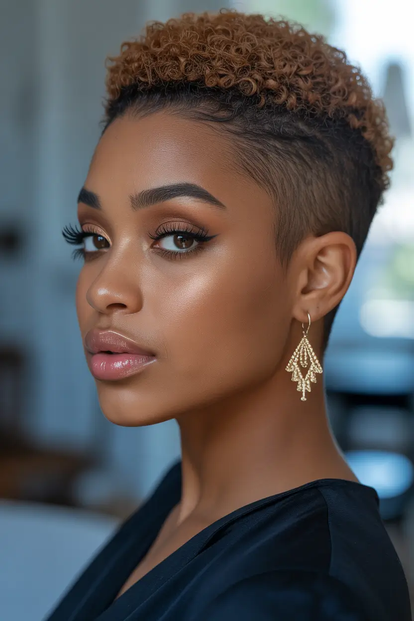 spring hairstyle black women Golden-Tipped Curly Crop With a Clean Fade - Spring’s Coolest Soft Contrast