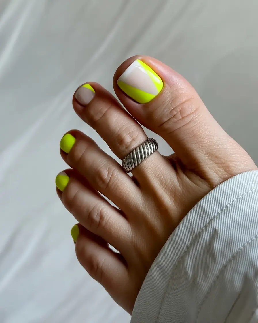 spring toe nails Neon Lemon Accent Pedicure For Playful Spring Days