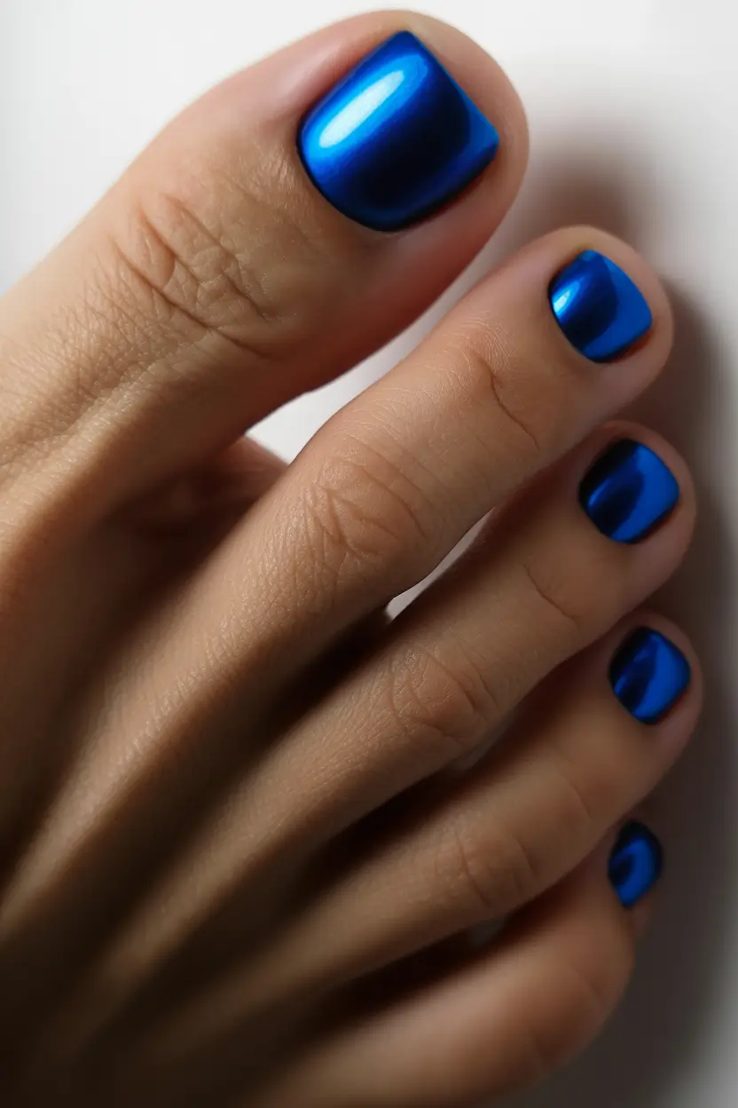spring toe nails Electric Sapphire Chrome Pedicure With Futuristic Shine