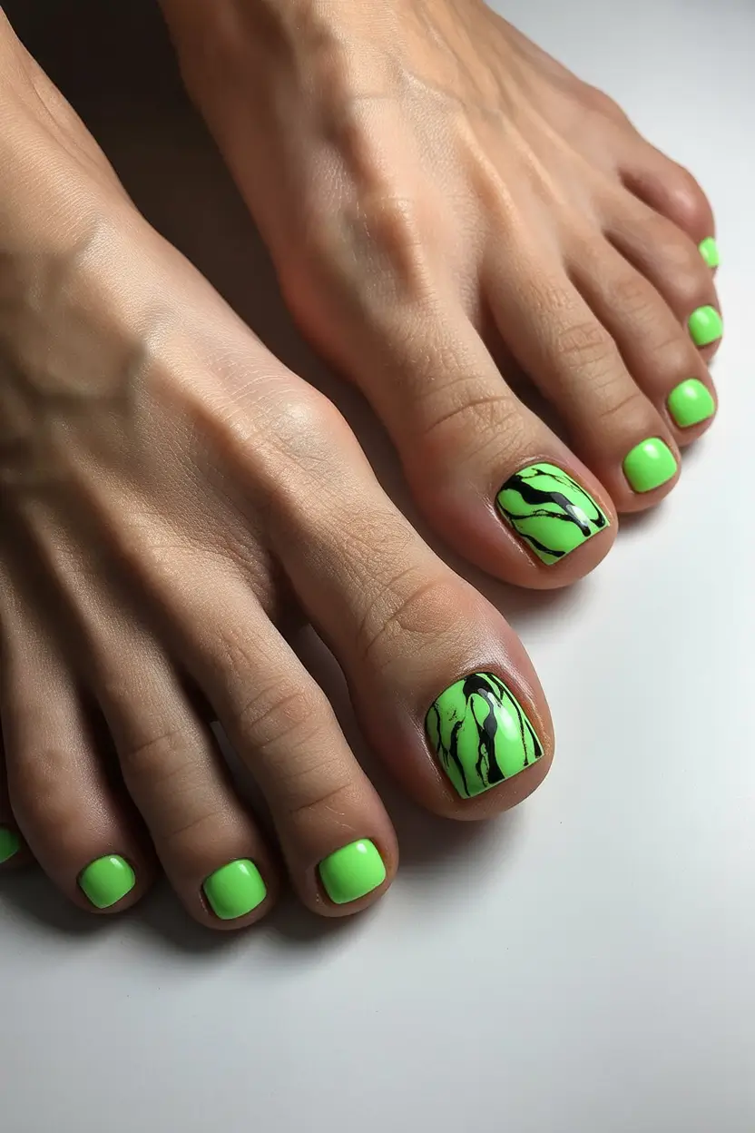 spring toe nails Neon Green Statement Pedicure With Graphic Energy