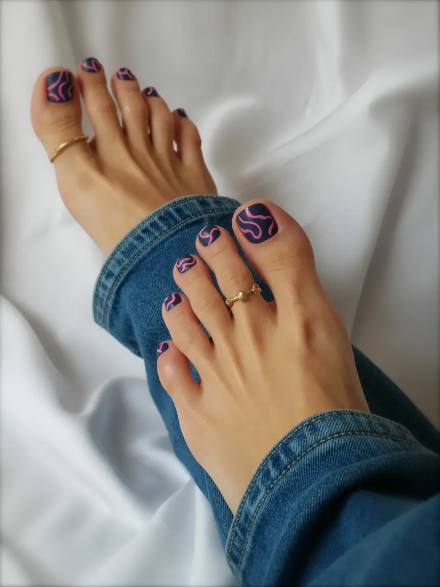 spring toe nails Graphic Pink Waves On Midnight Base For Modern Contrast