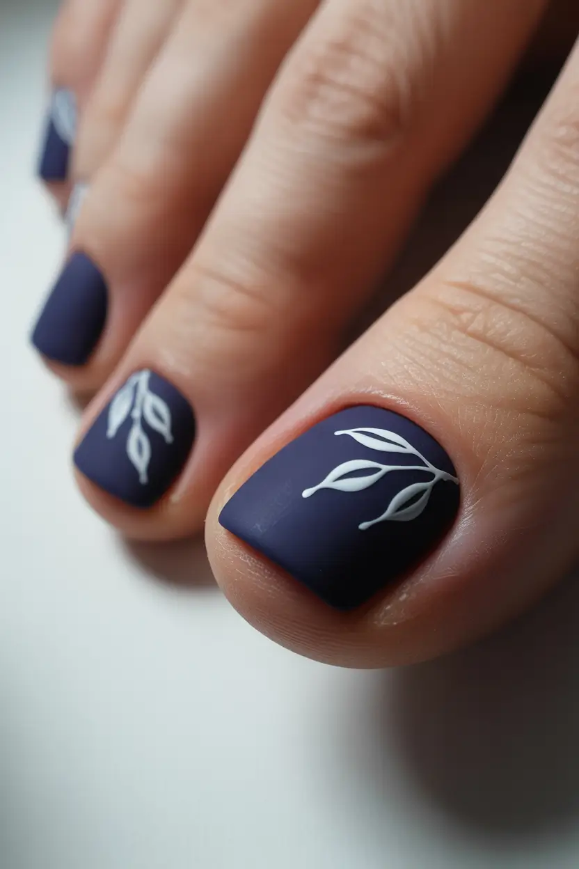 spring toe nails Matte Indigo Botanical Pedicure With Quiet Artistic Detail