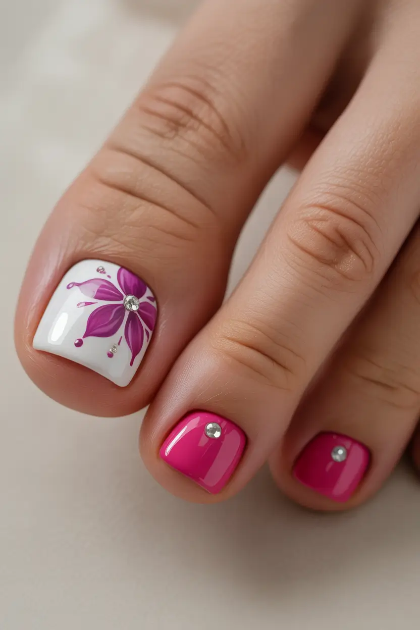 spring toe nails Modern Pink Accent Pedicure With Feminine Sparkle