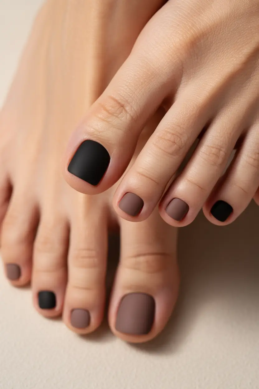 spring toe nails Matte Cocoa And Black Pedicure For Minimalist Lovers