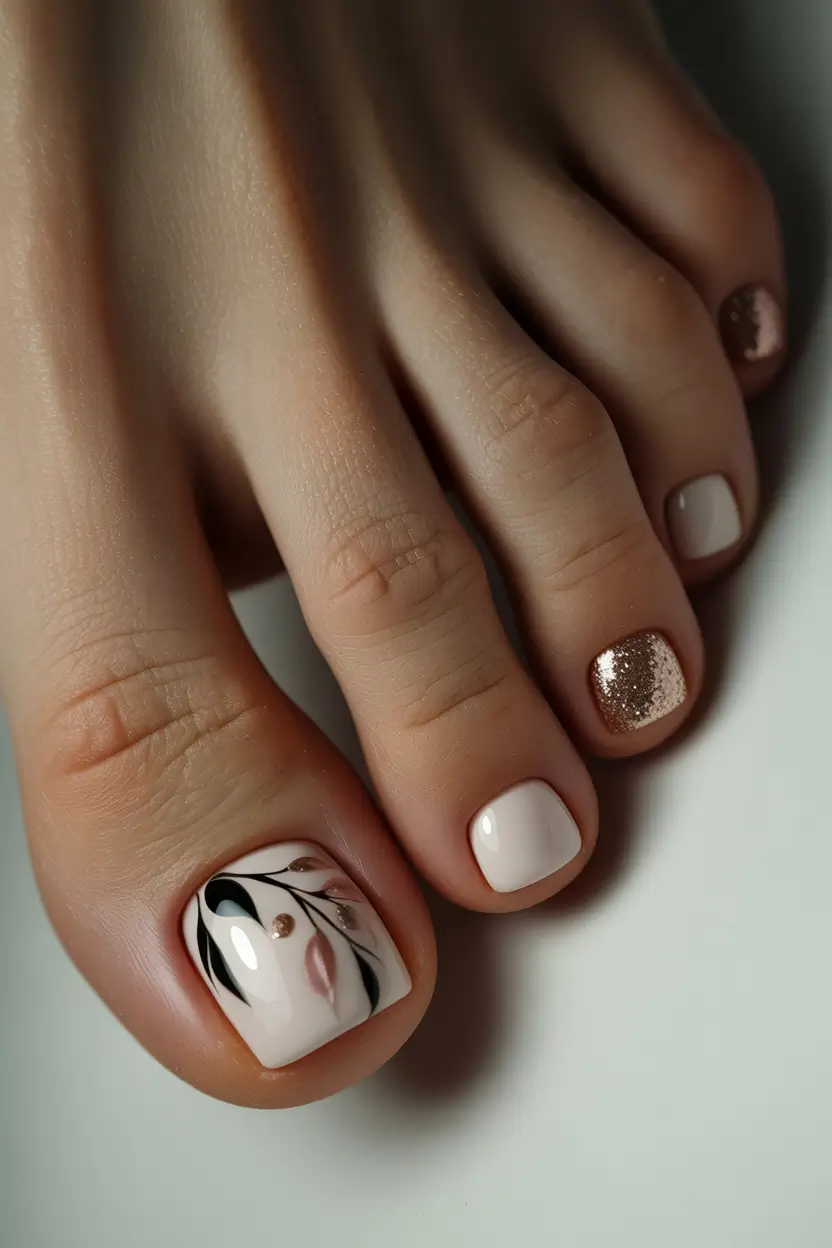 spring toe nails Soft Neutral Botanical Art With Gold Sparkle