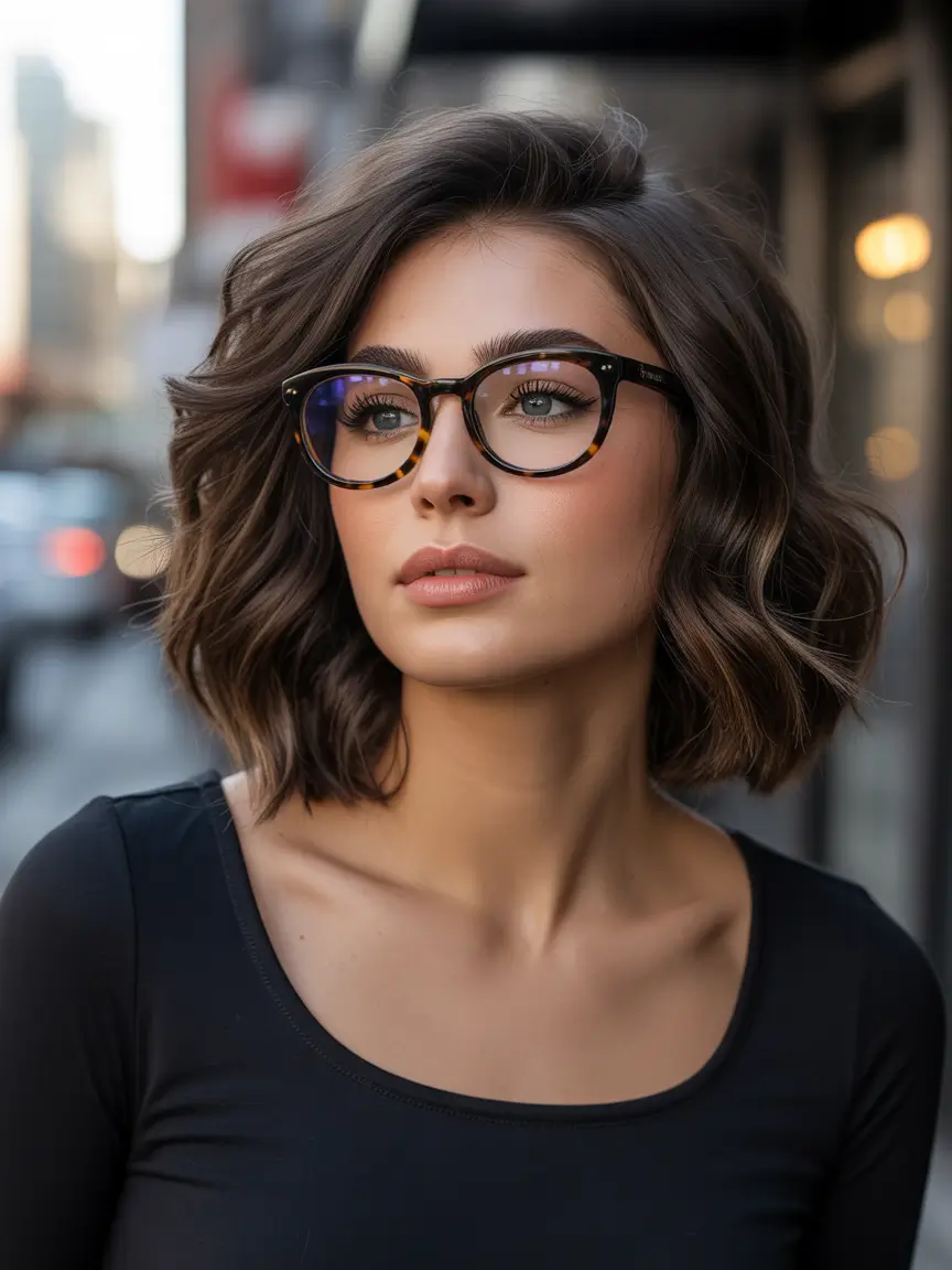 spring hair color light skin Red Brown Bob With City-Chic Waves And Statement Glasses