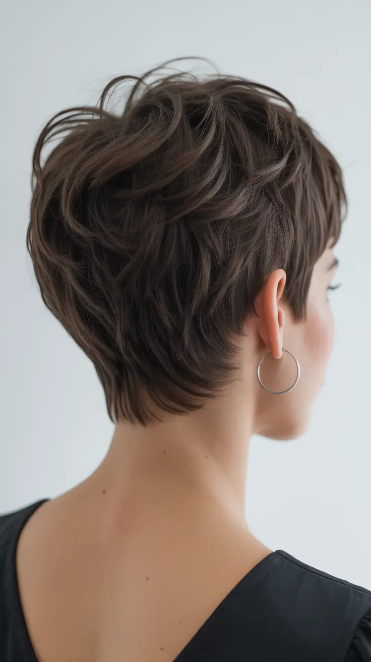 spring hair color light skin Dark Brown Pixie With Feathered Layers And Clean Neckline