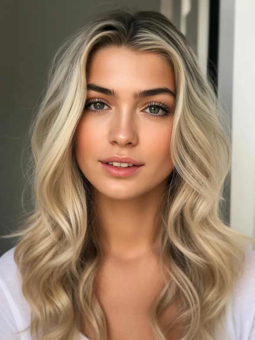 spring hair color light skin Cool Champagne Blonde With Shadow Roots