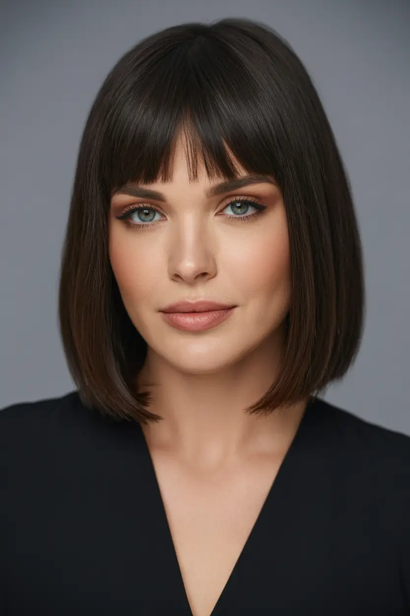 spring hair color light skin Classic Dark Brown Bob With Micro Fringe And Sharp Finish