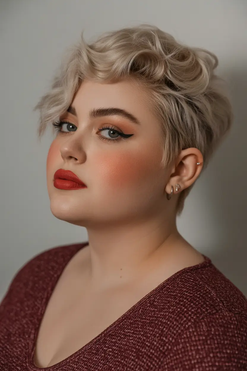 spring hair color light skin Platinum Pixie With Soft Texture And A Red Lip Moment