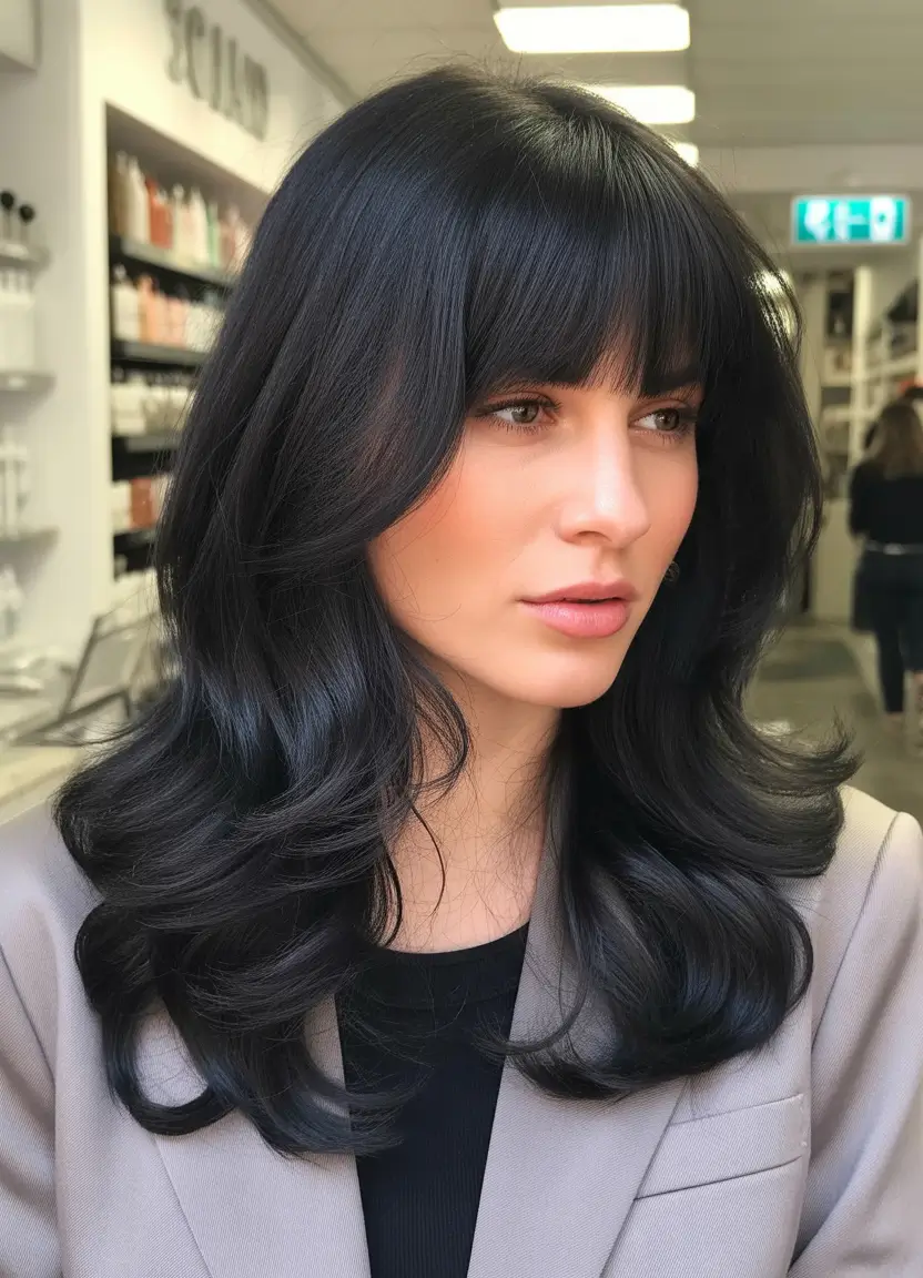 spring hair color light skin Dark Brown Blowout With Full Fringe And Quiet Power