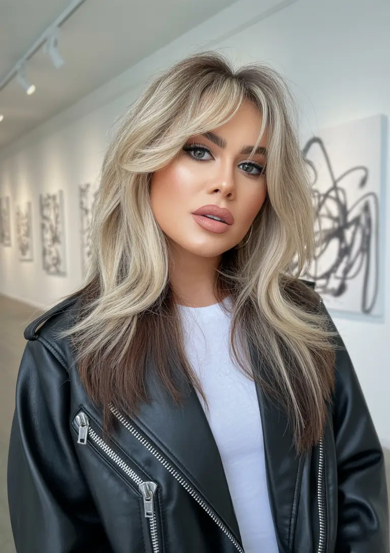 spring hair color light skin Caramel Blonde Layers With A Leather Jacket Edge