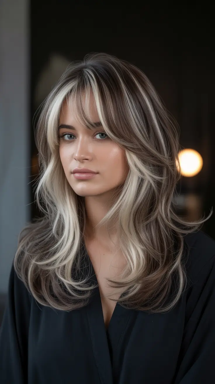spring hair color light skin Cool Bronde With Peekaboo Bright Pieces And Soft Fringe