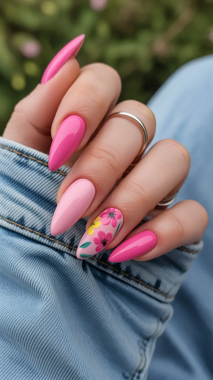 pastel spring gel nails art 2026 Juicy Pink Pastel Almond with Playful Floral Accent