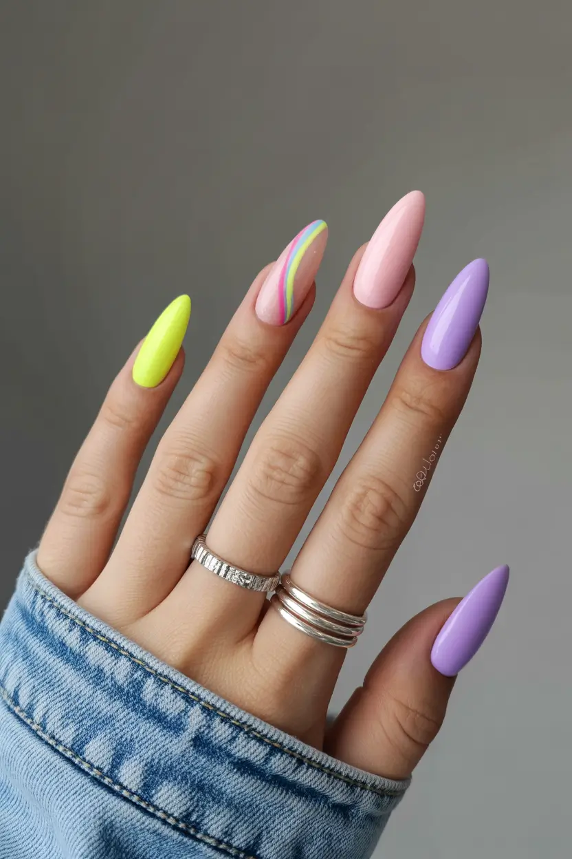 pastel spring gel nails art 2026 Minimal Pastel Almond with Rainbow Accent Lines