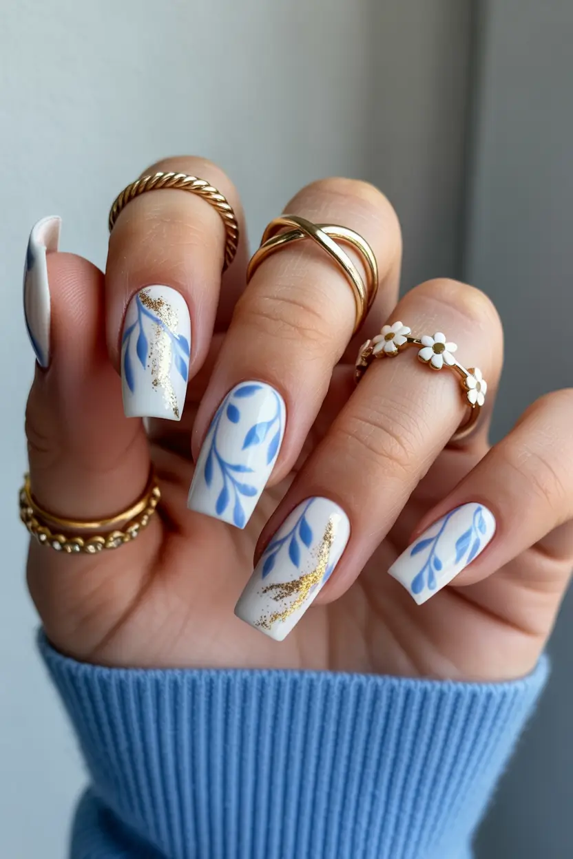 pastel spring gel nails art 2026 Soft Blue Botanical Square Nails with Gold Spring Accent
