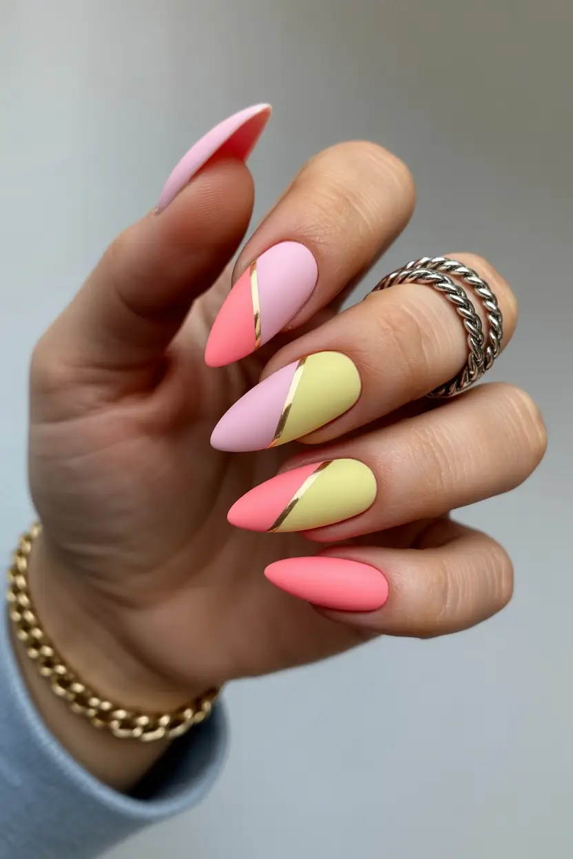 pastel spring gel nails art 2026 Matte Pastel Color Block Almond with Gold Accent Lines