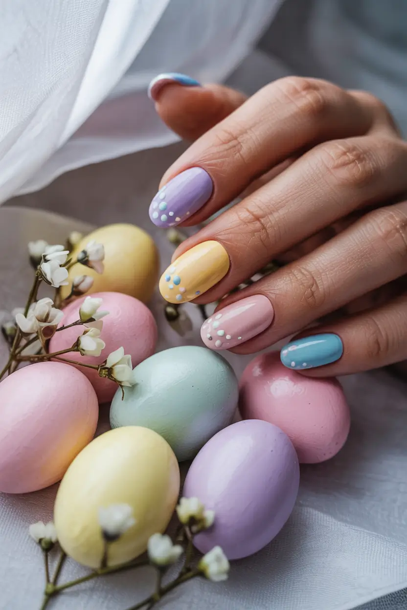 pastel spring gel nails art 2026 Easter Pastel Palette with Playful Dot Accents