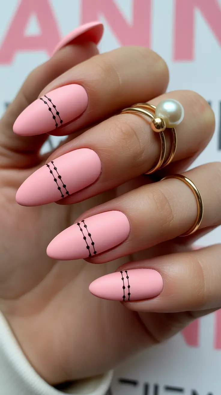 pastel spring gel nails art 2026 Matte Baby Pink Almond with Minimal Graphic Line Art