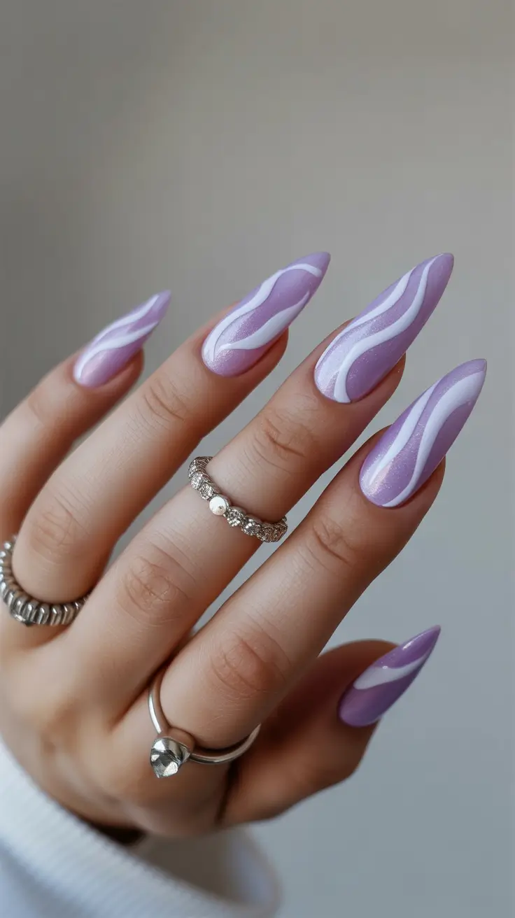 pastel spring gel nails art 2026 Lavender Wave Almond Nails with Soft Flowing Lines